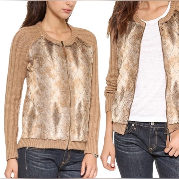 ELLA MOSS Vannah Cardigan Sweater Camel Tan Brown Faux Rabbit Fur Ribbed Knit - Picture 1 of 13